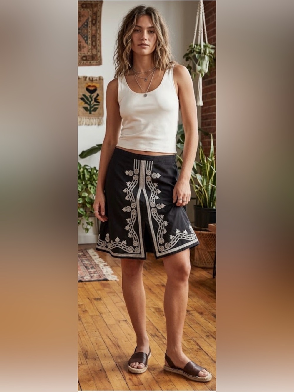 VTG Old Navy Skirt Front Slit Low Rise Silver Embroidered Cotton Black Bohemian